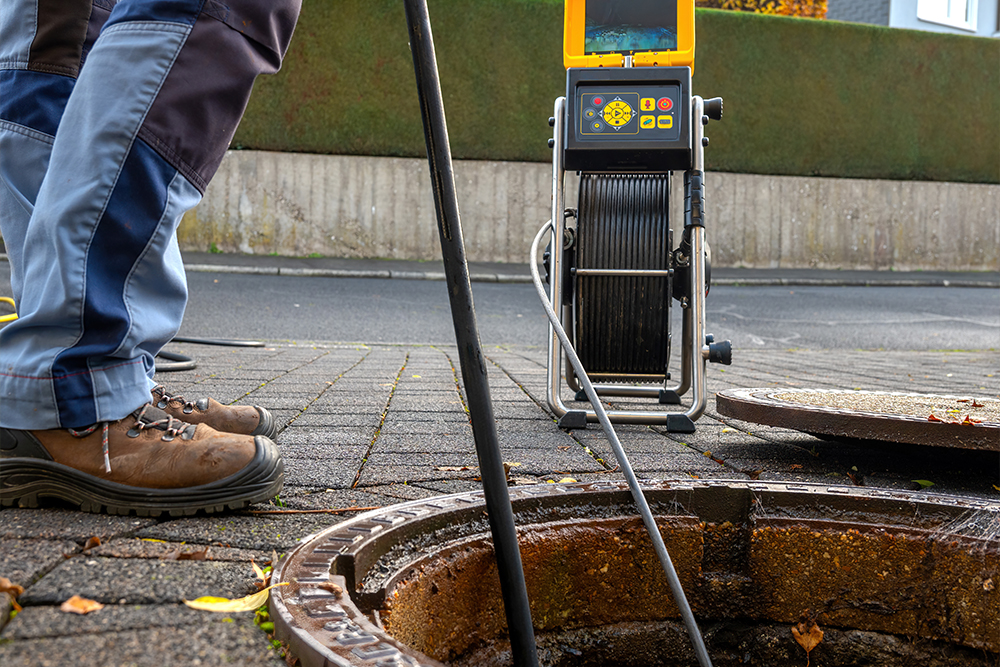 配管内をカメラで確認して詰まりや破損箇所を調査している様子